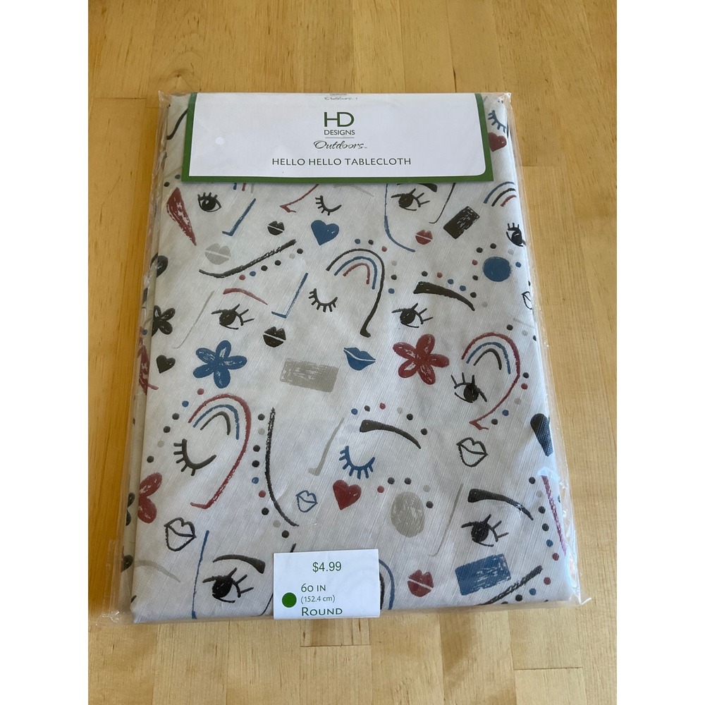 HD Designs Outdoors Hello Hello Tablecloth 60 Inch Round Flannel Backed Vinyl